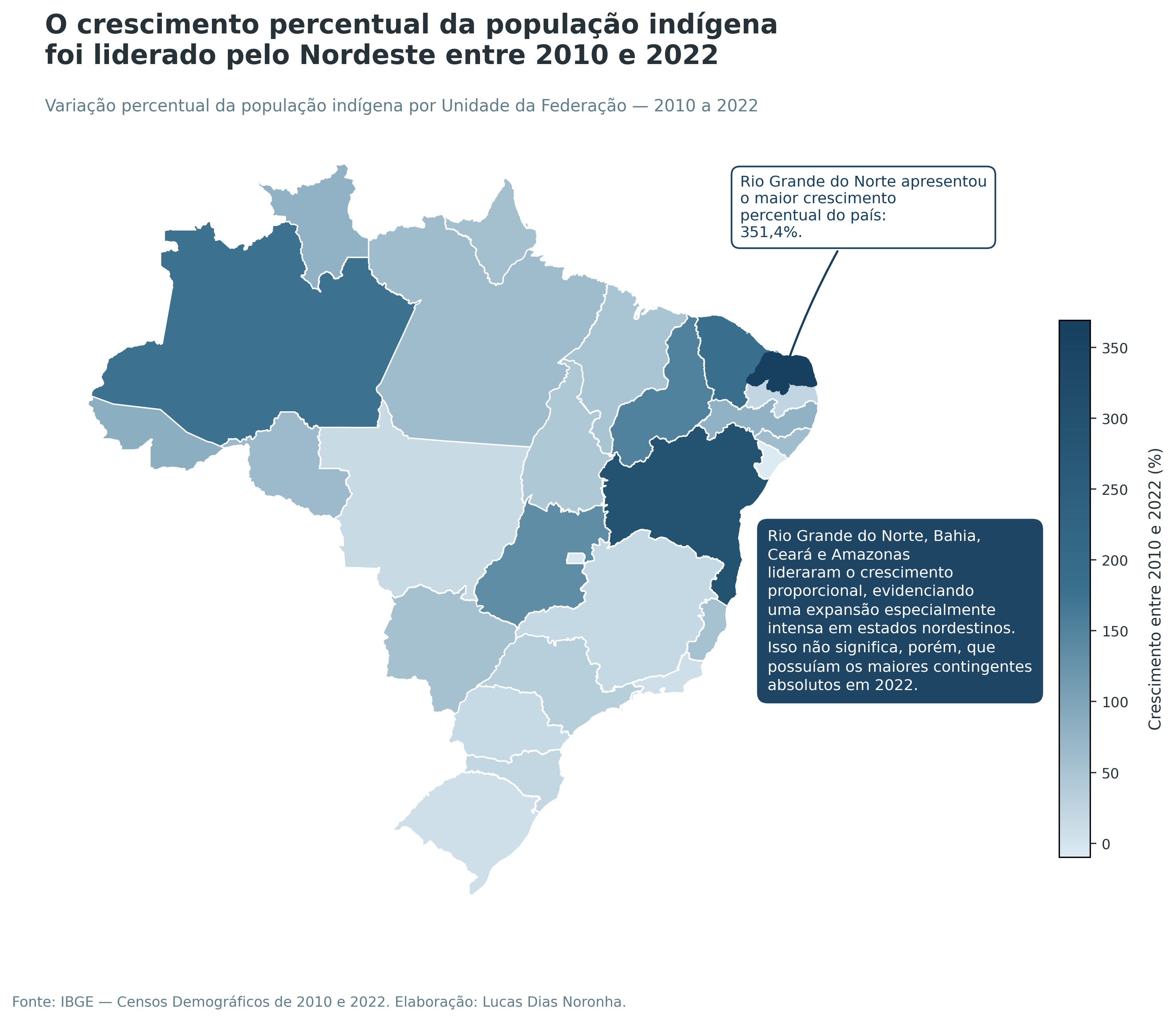 Mapa do crescimento percentual da população indígena por Unidade da Federação entre 2010 e 2022
